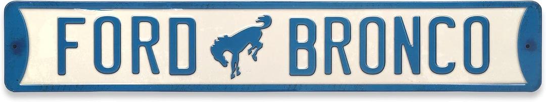 Ford Bronco Metal Wall Art - Ford Bronco Street Sign for Garage, Man Cave or Shop, Small, Color: Silver/Blue, 
Size: 20" W X 3.33" H X 0.125" D