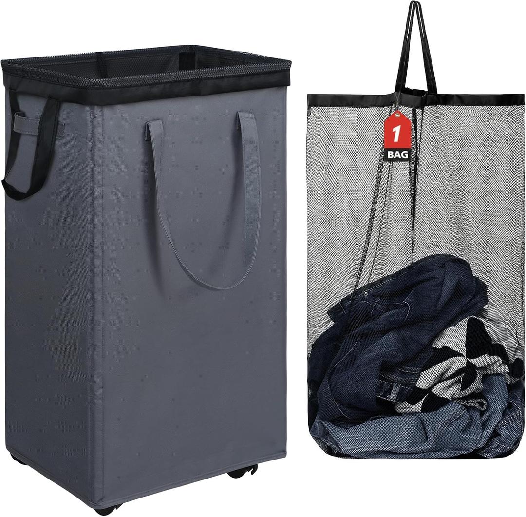 DOKEHOM 90L X-Large Laundry Basket with Removable Wash Bag on Wheels, Collapsible Rolling Laundry Hamper, Foldable Clothes Organizer, Folding Washing Bin (Grey), X-large Pro 29"