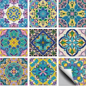 CHGCRAFT 36 Pcs 9 Style Mosaic Art Tile Stickers Mandala Patterns Peel and Stick Wall Tile Stickers Waterproof Self Adhesive Stick on Tiles Decals for Kitchen Bathroom Wall Art Decor, 44 Inch