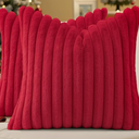 decorUhome Cozy Faux Fur Spring Throw Pillow Covers 18x18 Set of 2 Decorative Soft Plush Striped Modern Farmhouse Boho Couch Pillow Cases with Velvet Back for Sofa Bed Living Room, Red