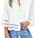 Cicy Bell Womens 3/4 Bell Sleeve Button Down Shirts Casual Ruffle Hem Tops Eyelet Blouse, M, White