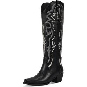 wetkiss Black Cowboy Boots for Women Knee High Cowgirl Tall Boots with Classic Retro Embroidered Chunky Heel Slip On Pointed Toe Womens Western Boots for Girls Ladies (8.5)