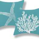 Coastal Pillow Covers 18x18 Set of 2 Aqua Teal Turquoise Coral Starfish Throw Pillows Nautical Ocean Decorations Summer Linen Beach Pillowcase Outdoor Decor Farmhouse Cushion Case for Couch