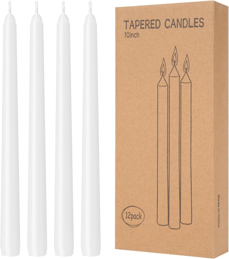 12 Pack White Taper Candles 10 inch - Taper Candles Dripless, Smokeless, Unscented - 8 Hours Long Burning - Hand Poured Tall Candlesticks - Perfect for Home Decor, Weddings, and Special Occasions