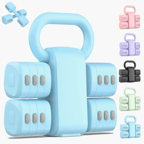 Nimsqury 2-in-1 Adjustable Dumbbell Set, 5 Levels Hand Weights for Women Men, Each 2.2/3.3/4.4/5.5/6.6lb, Convertible Weights Dumbbells and Kettlebell Set for Home Gym Exercise & Fitness (Blue)