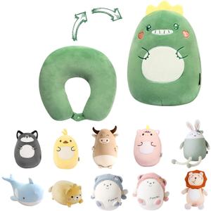 Kids Travel Pillow - 2-in-1 Deformable Kids Neck Pillow for Traveling, Soft U-Shaped Pillow with Adorable Animal Design, Comfy Sleep and Play, Ideal for Airplanes Travel - Dinosaur