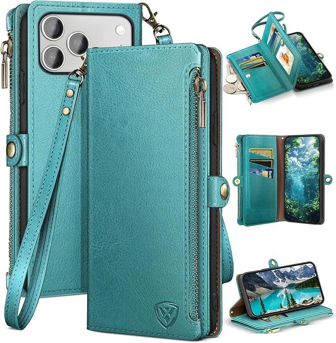 XcaseBar Compatible with iPhone 17 Pro Max 6.9" Wallet case with Zipper Credit Card Holder【RFID Blocking】,Flip Folio Book PU Phone case Shockproof Cover Women Men for Apple 17 Pro Max case Blue Green