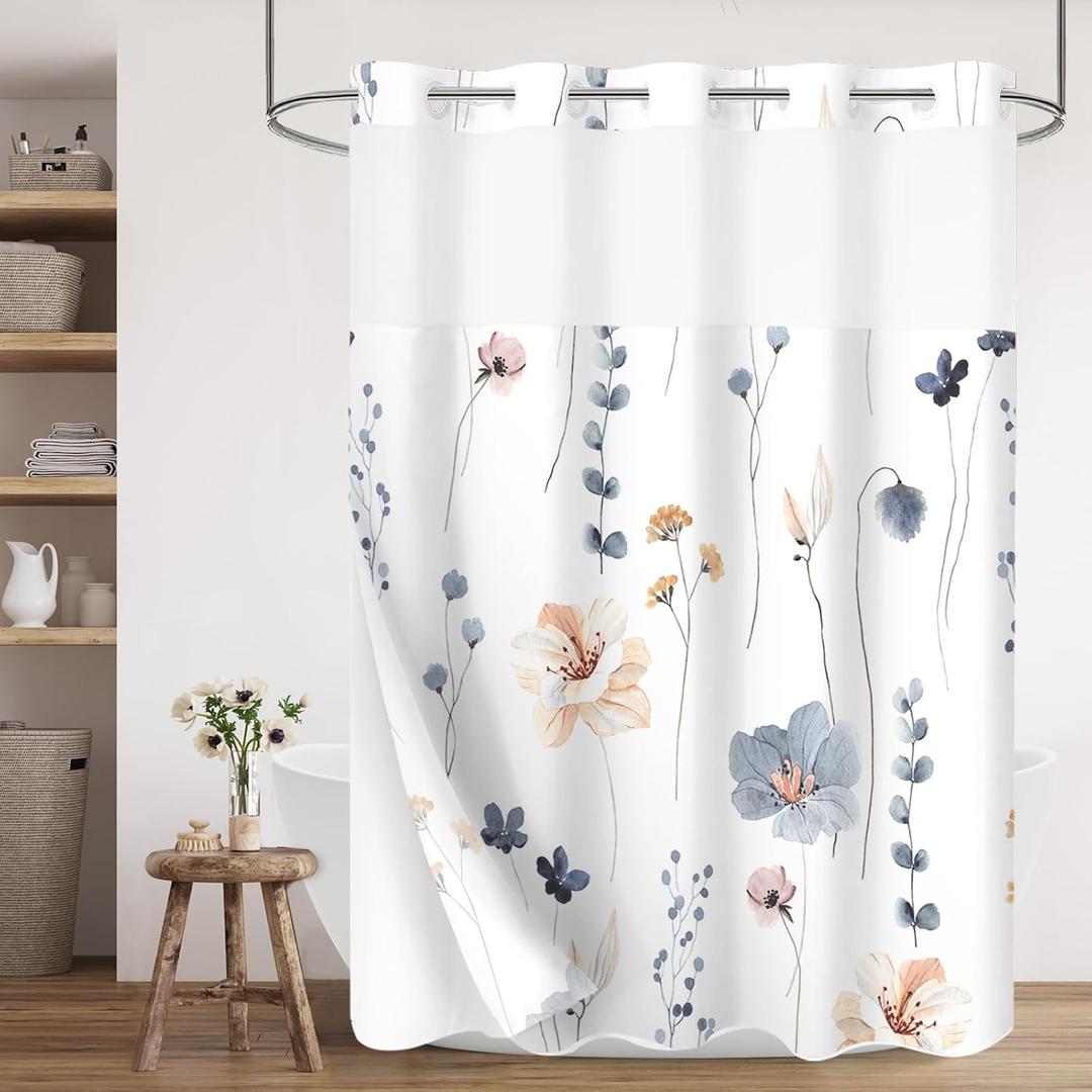Gibelle No Hook Floral Shower Curtain with Snap-in Fabric Liner Set for Bathroom, Hotel Style Blue Beige Modern Flower Shower Curtain with See Through Top Window, Waterproof & Washable, 72x74