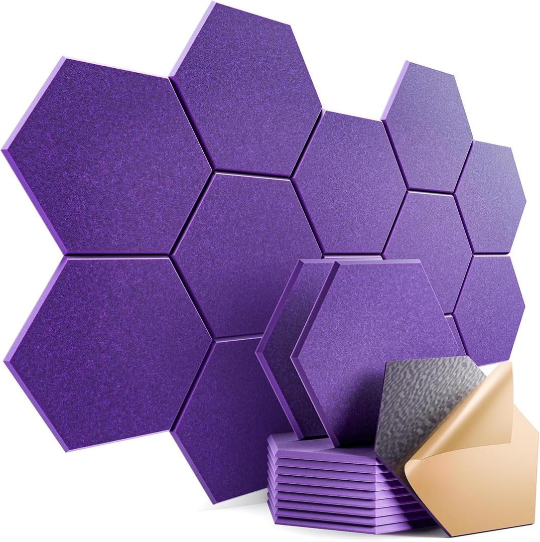 12 Pack Self-Adhesive Acoustic Panels 12" X 10" X 0.4" - Sound Proof Foam Panels with High Density, Hexagonal Design, Flame Resistant, Absorb Noise and Eliminate Echoes(Purple)