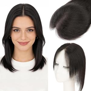 Hairro Real Hair Toppers For Women Short Small Wiglet Hairpieces Natural Invisible No Bang Middle Part Side Bangs Hair Clip 12 Inches 19g #1B Natural Black