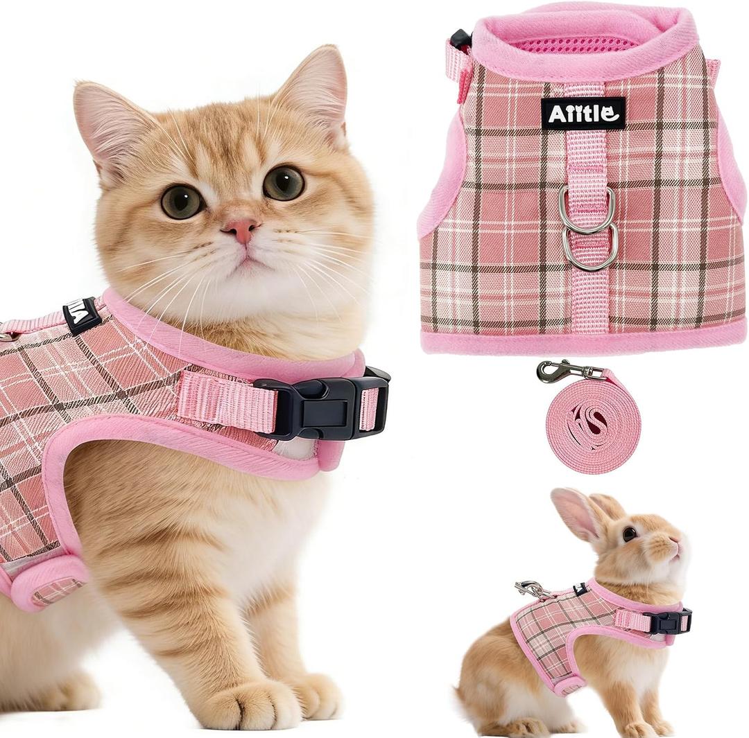 AIITLE Adjustable Bunny Harness & Leash Set - Soft Mesh Liner, Comfort Fit Plaid Pattern Vest with Magic Tape Design, Portable for  Animal Pets Puppy Cat Rat Squirrel Ferret, Pink L