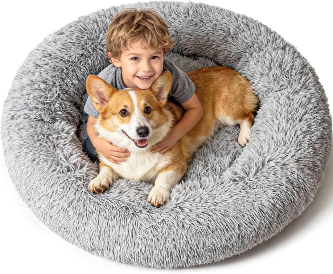 Extra Large Donut Calming Dog Bed with Orthopedic Memory Foam Dogs,42 Inch Pet Bed Cuddler Anti Anxiety with Comfort Cooling Gel, Removable Waterproof Round Plush Cover Sofa for Machine Washable, Grey