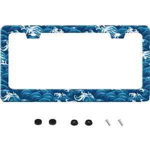 Ocean Waves License Plate Frame Funny Beach Sea Wave Stainless Steel License Plate Frames Auto Parts Decoration with Screws License Plate Holder for Men Women 12x6 Inch (one size)