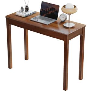 Solid Wood Desk with Drawers - 39 x 16 Inch Narrow Desk, Mid Century Modern Desk, Rubber Wood Vintage Desk, Writing Desk for Small Spaces, Small Desk for Bedroom, Walnut Color