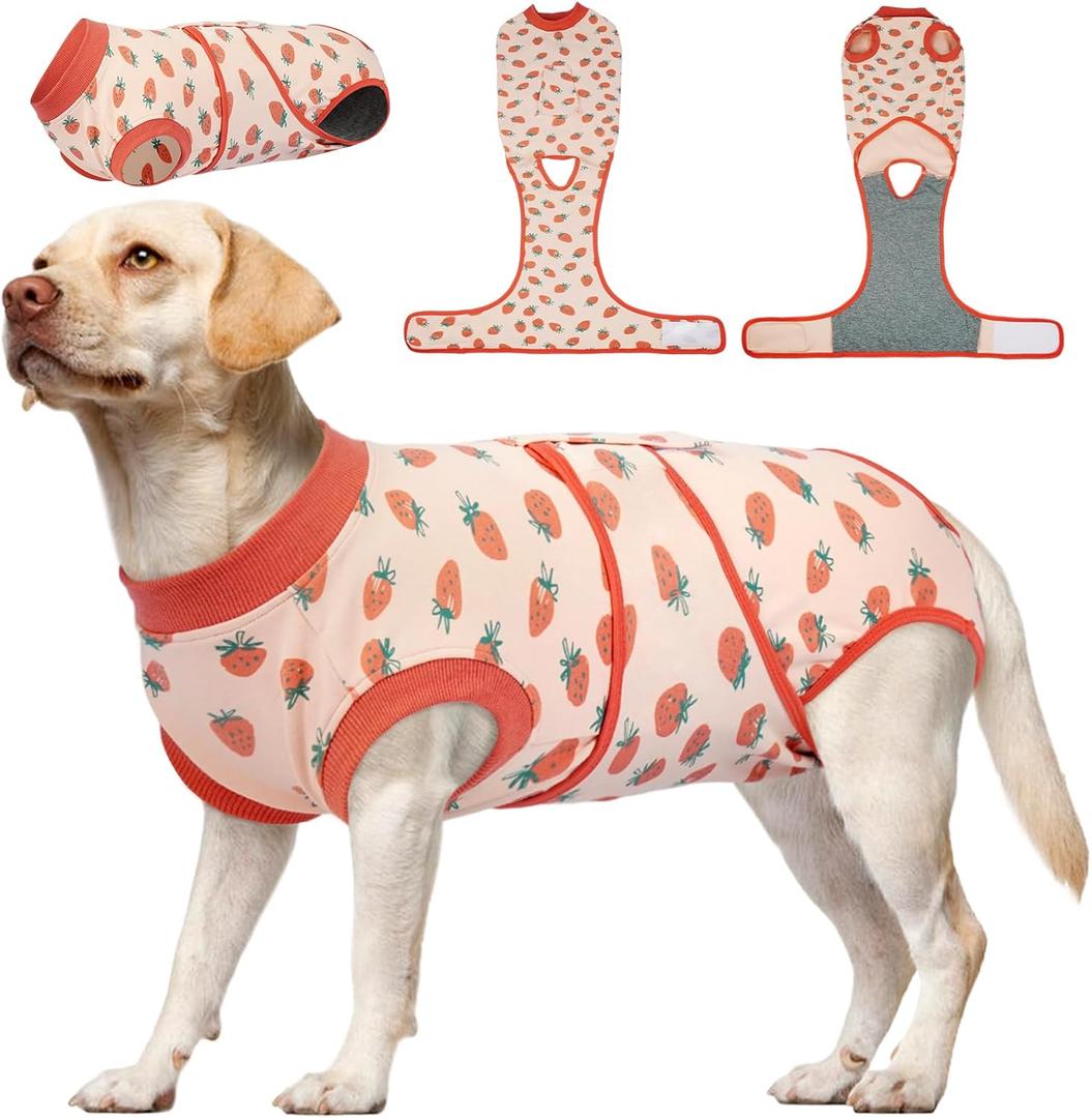Kuoser Dog Recovery Suit for Female Male Dogs, Post-Surgery Bodysuit for Spay Neuter, Dog Onesie After Surgery, Anti-Licking Pet Surgical Recovery Suit, PinkStrawberry XL (Back:20.1-24.8'', Weight:42-75 Lb)