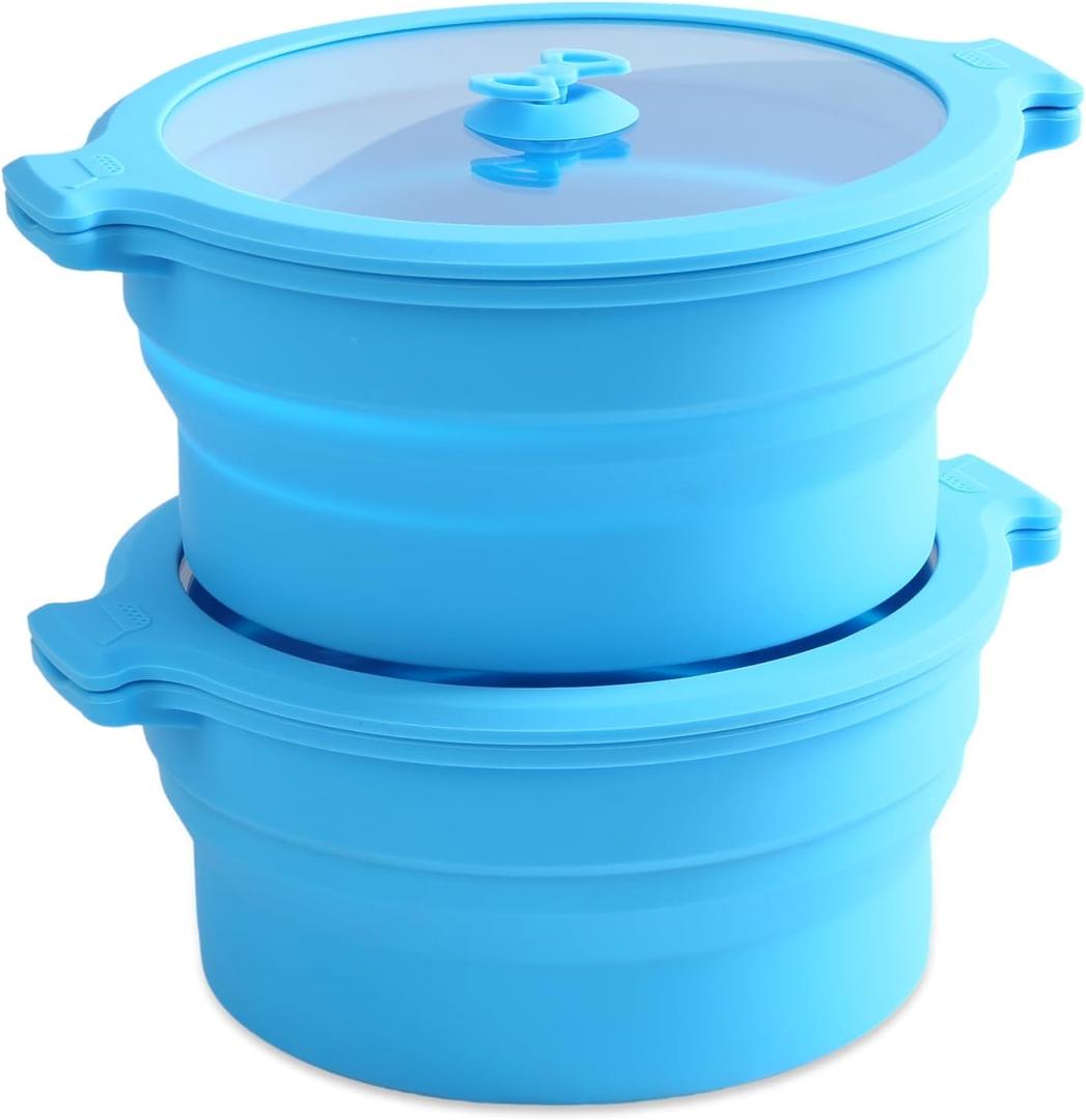Collapsible Silicone Microwave Cookware Cooker Steamer for Cooking with Lids, 1.4L Glass Food Storage Container Sealed Bowl Mixing Bowls 2pc Set BPA Free (Blue)
