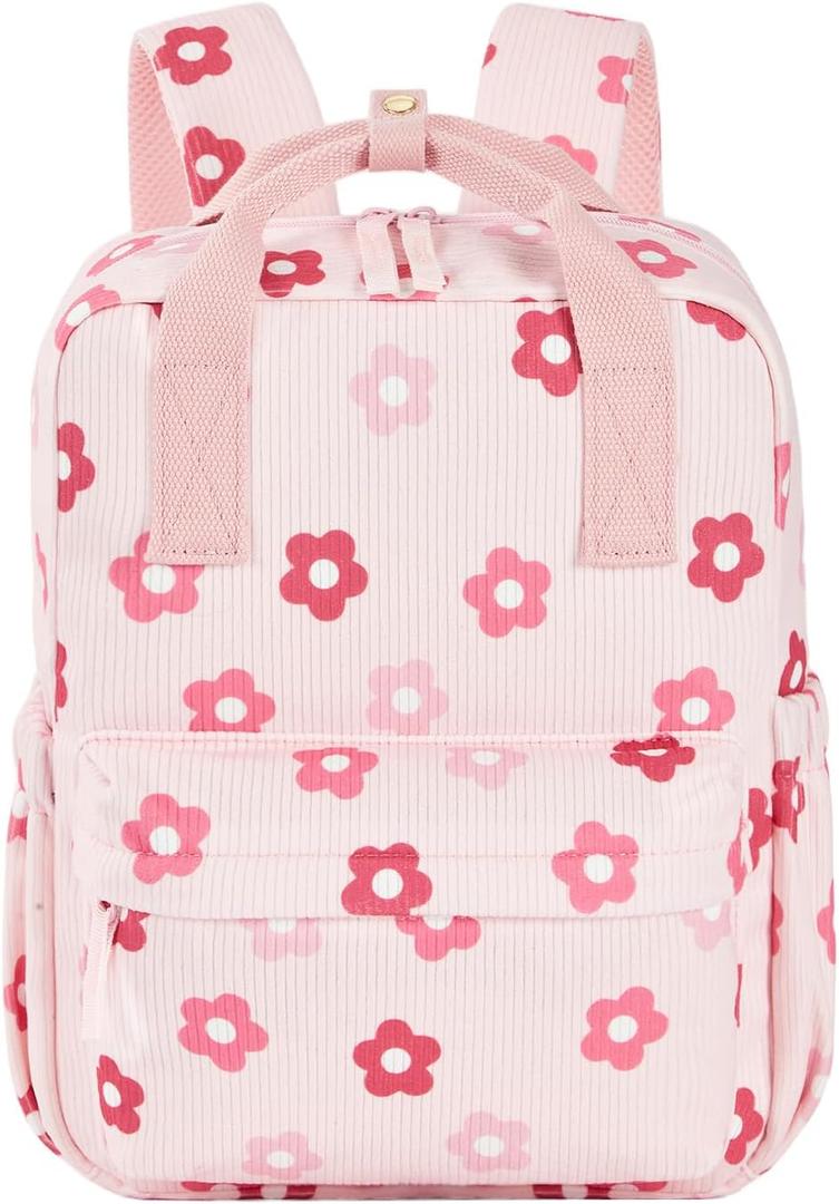 Mini Corduroy Backpack Bookbag School Bag for Toddlers Girls and Boys Preschool Daycare Kindergarten 13'' H Lightweight Fits for Folder(Floral-Pink Corduroy)