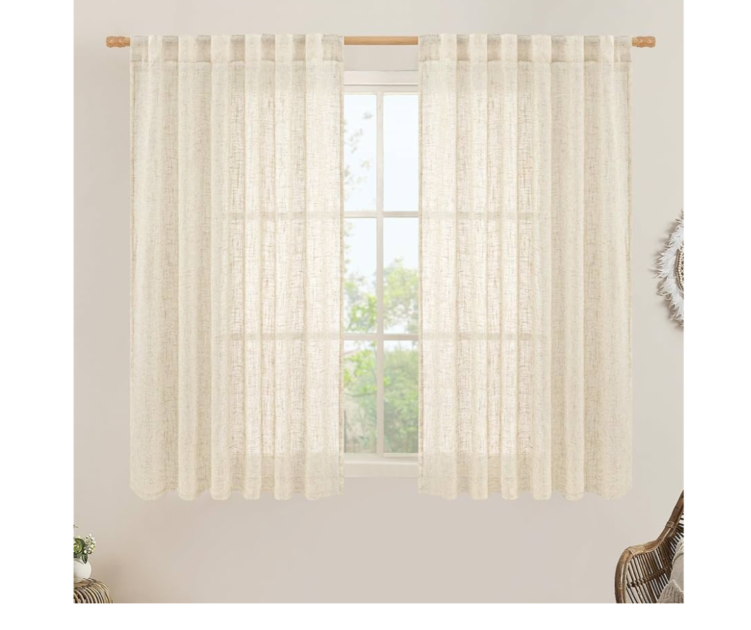 LAMIT Beige Linen Curtains 45 Inches Long for Bedroom, Light Filtering Panels Back Tab and Rod Pocket Neutral Drapes for Kitchen/Window/Loft Room, 52 x 45 Inch, 2 Panels