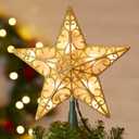Christmas Star Tree Topper, 9.5 in Plug in Golden Glittered 3D Star Tree Topper, Metal Hollow Designed Built-in 10 Bulbs String Lights for Indoor Office Christmas New Year Holiday Tree Decoration