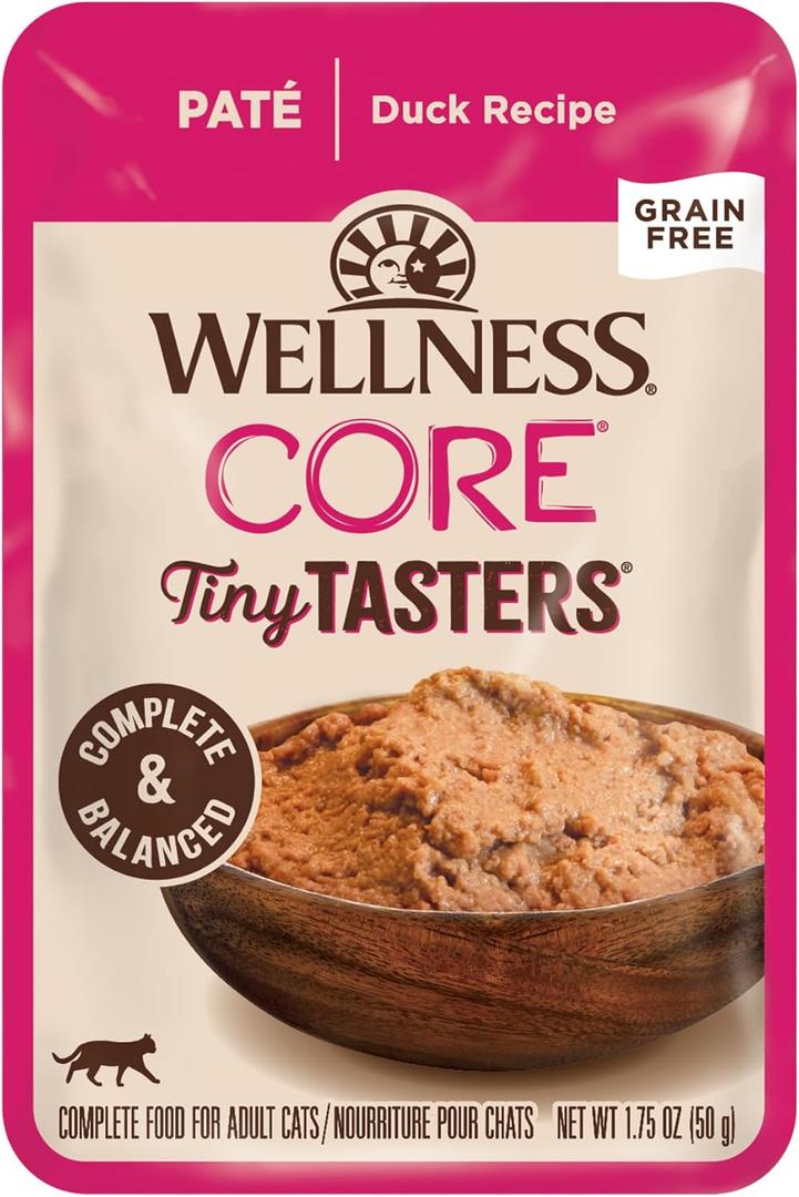 Wellness CORE Tiny Tasters Pate Adult Wet Cat Food, Natural, Protein Rich, Grain Free, Duck Recipe, 1.75 oz, Pack of 12 Pouches