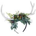 MOSTORY Handmade White Antler Headband with Green Leaves - Woodland Deer Horns Hairband Forest Reindeer Headpiece with Fruits for Women Girls Renaissance Hallowen Cosplay Photo Shoot