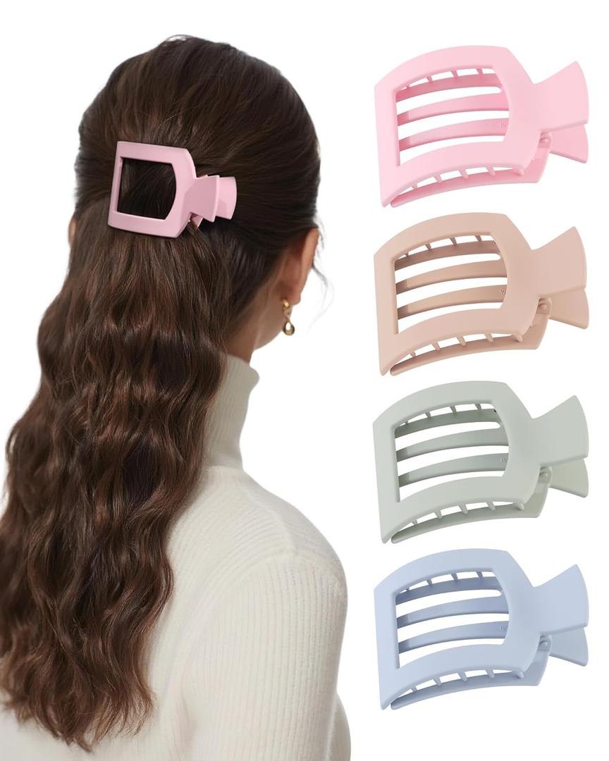 AWAYTR Flat Hair Clips For Women Lay Flat Claw Clip for Hair 4Pcs Large Square Hair Claw Clips (Pink+Blue+Green+Light Yellow)