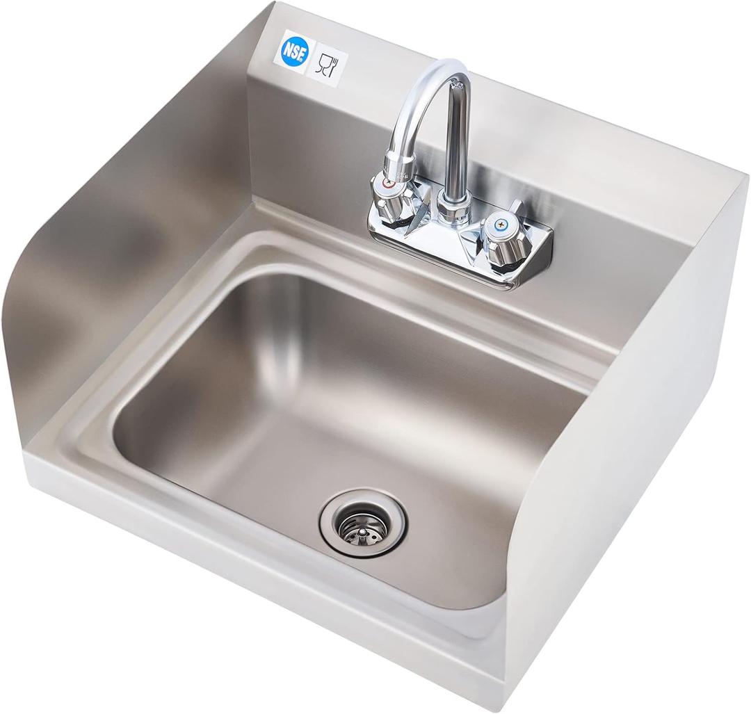 WILPREP Commercial Hand Sink, NSF Stainless Steel Sink Commercial Utility Sink with Gooseneck Faucet and Strainer, 17x15 Inch Wall Mount Kitchen Sink for Restaurant Bar RV Bathroom Laundry Room