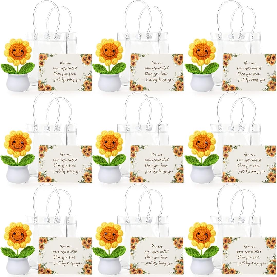 Suncalla 9 Sets Back to School Appreciation Gifts with Thank You Cards Gift Bag Bulk Cute Handmade Crochet Sunflowers for Teacher Staff Coworker Women Mom Office Home Birthday Holiday Party Decor