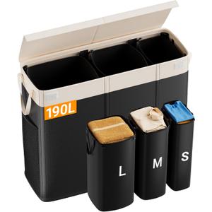 190L Laundry Hamper with Lid, Large Laundry Basket with Lid and 3 Section, Sturdy Laundry Baskets with 3 Removable Bags (L M S), Dirty Clothes Hamper Organizer for Laundry Room, Bedroom and Dorm Room