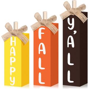 Geetery 3 Pcs Fall Decoration for Home Fall Table Block Sign Thanksgiving Tiered Tray Decor Thanksgiving Wood Table Decor for Autumn Harvest Office Shelf Desk Kitchen Party Supplies (Bright Style)