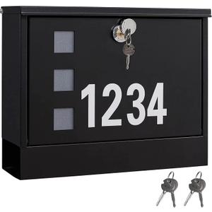 LANDVOI Locking Mailbox Wall Mounted, Metal Postbox with Three Sets of Mail Box Number Stickers, 4 Keys, 14.4" x 4.5" x 11.2", Large Capacity, Black, AMB11B