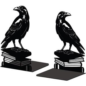 Peacoblue Metal Bookends for Shelves, Modern Decorative Heavy Duty Study Book Support Stoppers for Office, Desk, Shelf, Room 5.3"x4.3"x7.9" Cast Iron Simple Tall Bookends, 1 Pair (Crow on Book Stack)