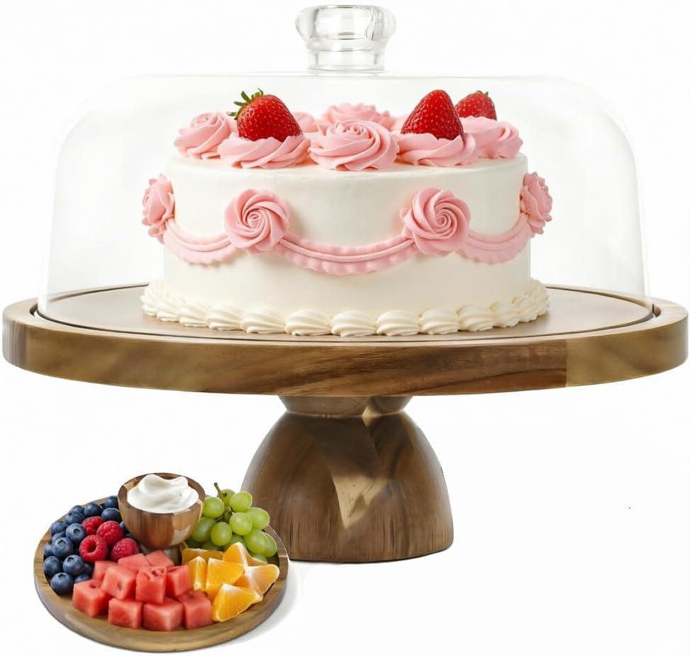 Acacia Wood Cake Stand with Lid, 2-In-1 Cake Plate with Acrylic Lid, 12in Round Dessert Table Display Set, Raise Dome for Charcuterie Board, Cheese, Chips & Dips, Nachos, Fruit Platter (12in)
