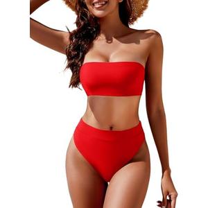 YACUN Women's High Waisted Bikini Swimsuit Two Piece Strapless Bandeau Cheeky Bathing Suits Medium