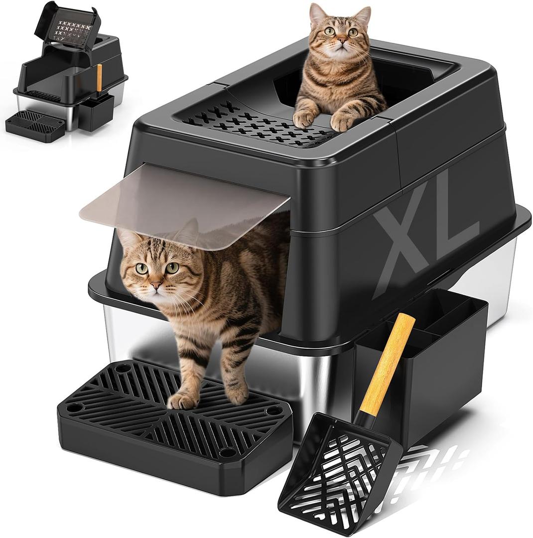 Stainless Steel Litter Box with Lid, XL Closed Metal Litter Box Modular Design with Flip Lid Fits All Cats, Extra Large Covered High Sided Cat Box, Scoop, Non-Sticky, Easy Cleaning (Black)