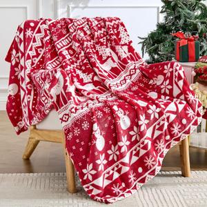 Edenleaf Christmas Blanket Soft Cozy Fleece Throws with Snowman Snowflake Reindeer and Xmas Trees Print, Fuzzy Warm Christmas Throw Blanket for Couch Bed Holiday Decorations Gifts 50"x60" (Red) (04 Xms Red)