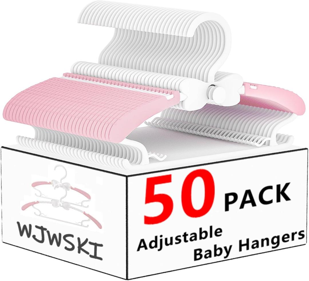 Baby Clothes Hangers, 11-14.5" Adjustable Kid Hangers for Newborn Closet, Plastic Small Infant Hanger for Toddler Pant, Child Coat Hanger for Boy Nursery Clothing, Girl Dresses, 50 Pack (Pink)