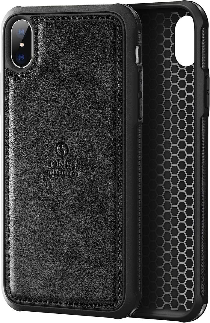 2 x ONES for iPhone Xs Max PU Leather Case Four Corner Airbags Anti-Fingerprint TPU Bumper Non-Slip Wireless Charging Sturdy Impact Absorb Shockproof Hard Cover - Black