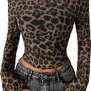 WDIRARA Women's Leopard Off The Shoulder Tops Long Bell Sleeve Tee Shirts Fitted Crop Tops (Brown, S)