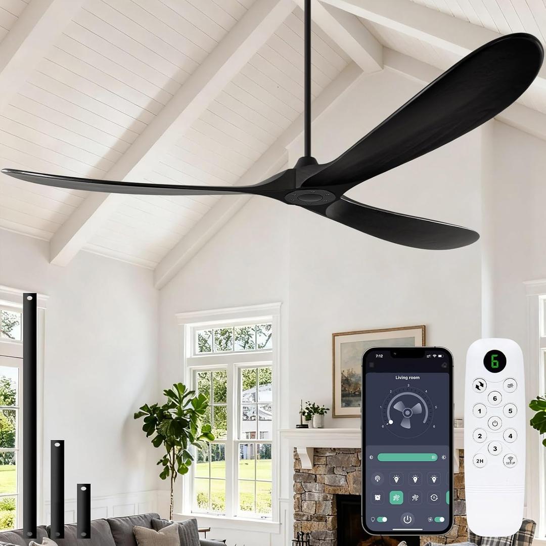 72 Inch Ceiling Fan No Light, Large Outdoor Ceiling Fans Without Lights for Patios with Smart App and Remote Control, Wet Rated 3 Blade Wood Propeller Modern Fan for Exterior Outside, High CFM, Black