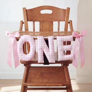 Suncalla Pre-strung Fabric Happy Birthday Banner Felt One High Chair Banner 1st First Birthday Bunting Garland Decorations for Party Photo Home Backdrop(Bow One,Pink,White)