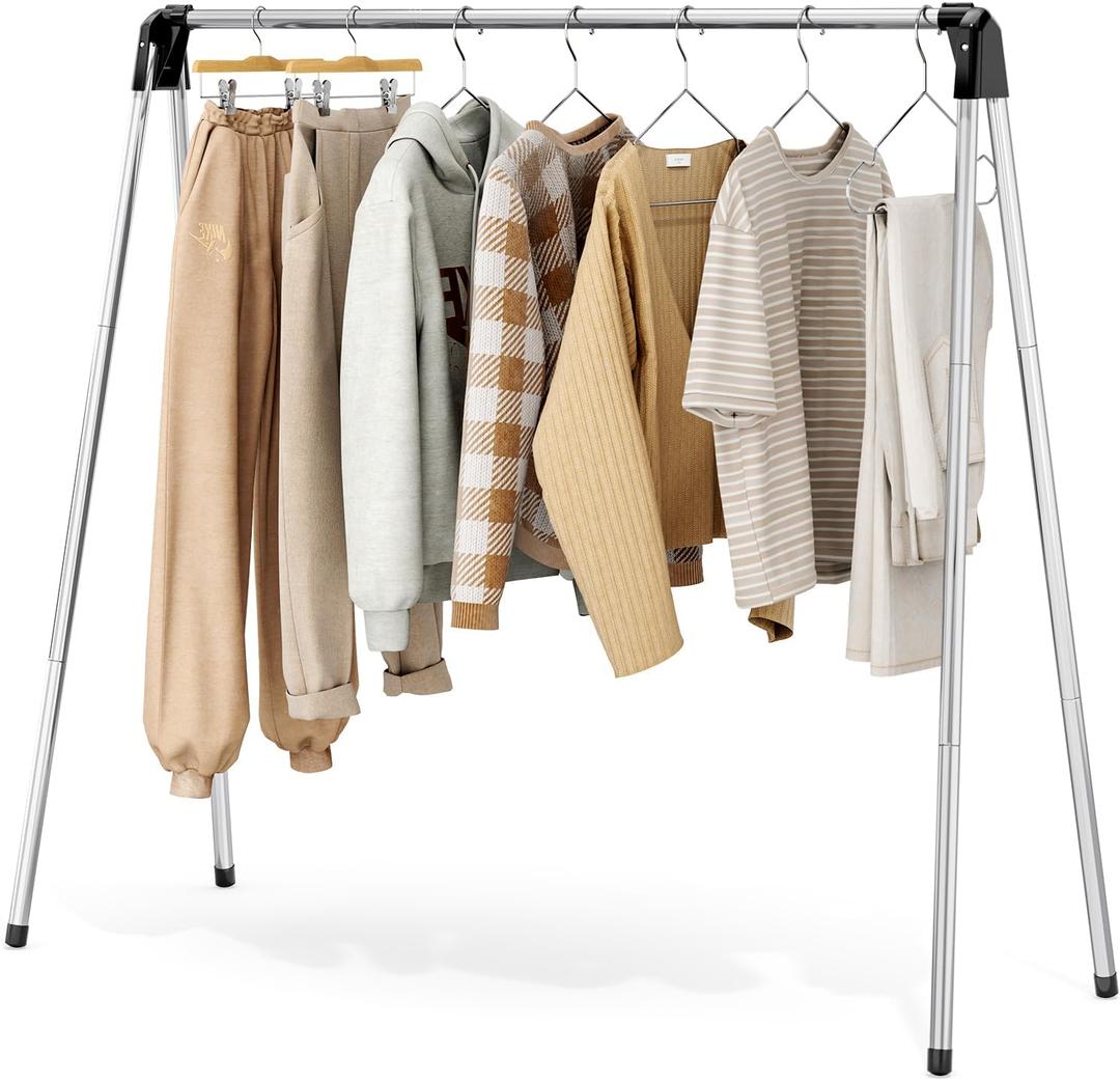 Clothes Drying Rack, Foldable Drying Rack Clothing, Stainless Steel Laundry Rack, Free-Standing, Indoor Outdoor Use with Travel Friendly Design, Collapsible for Home, Camping, Theater, RV Use, Black (55 inch)