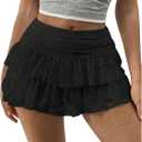 SHENHE Women's Y2k Lace Layered Mini Skirt Ruched A Line Cute Tiered Ruffle Skirt