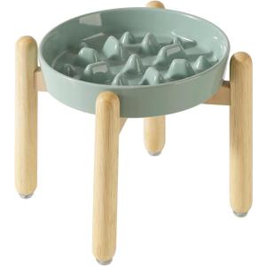 Ceramic 1.6 Cup Dog Raised Slow Feeder Set, Elevated Bowl with Wooden Stand for Medium and Large Dog, 8.2inch Slow Feeder Dish for Fast Easters, Anti-Gulping(Light Green, Single Bowl+ Stand)