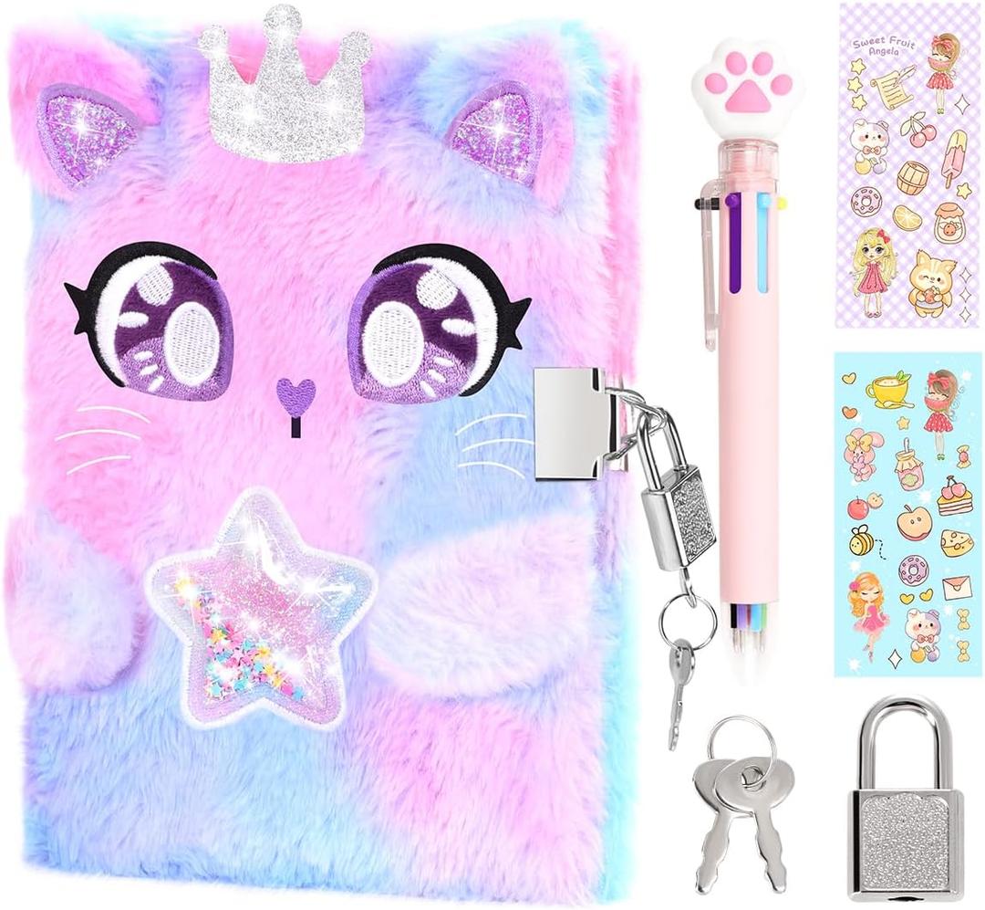 rinBarBee Diary for Girls with Lock and Keys,Tie-Dye Fuzzy Journal for Kids,Hardcover Fluffy Locking Notebook for Writing and Drawing,4-12 Year Old Girl Birthday