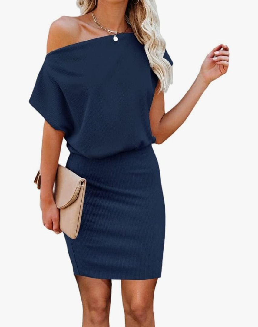 Ezbelle Women's Off The Shoulder Short Sleeve Ribbed Casual Summer Hips-Wrapped Bodycon Party Mini Batwing Dress Large