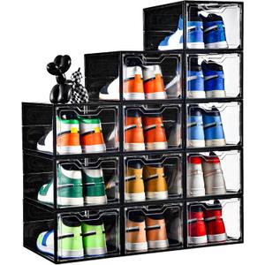 12 Pack Stackable Shoe Storage Organizer with Magnetic Door, Shoe Boxes Clear Black Plastic for Closet, Shoe Rack for Sneaker Boot Container, Shoe Cabinet Fit up to US Size 12
