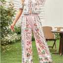 WDIRARA Women's Boho Floral 2 Piece Palazzo Pants Set Short Sleeve Blouse (Pink, L)