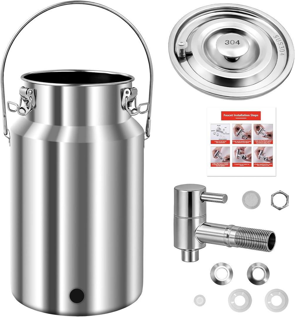 304 Stainless Steel Water Dispenser with Faucet, Thickened Milk Can with Handle, Sealing Ring and Instruction Manual, 10L Stainless Steel Water Jug for Milk, Water, Tea, Juice and Beverage Storage