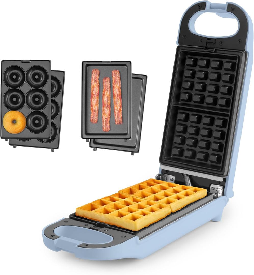 AROMA Swap & Flip Waffle Maker with Removable Plates: 3-in-1 Panini Press, Mini Donut Maker, and Waffle Iron (Blue)